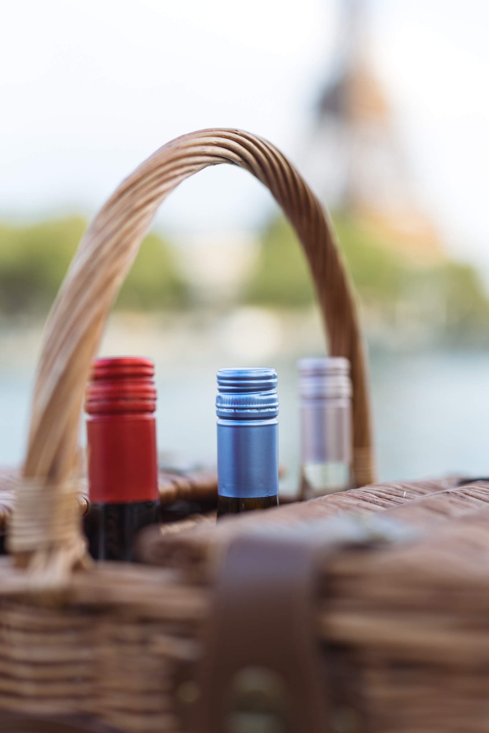 Drei DIVIN-Flaschen in einem Picknickkorb vor der Seine