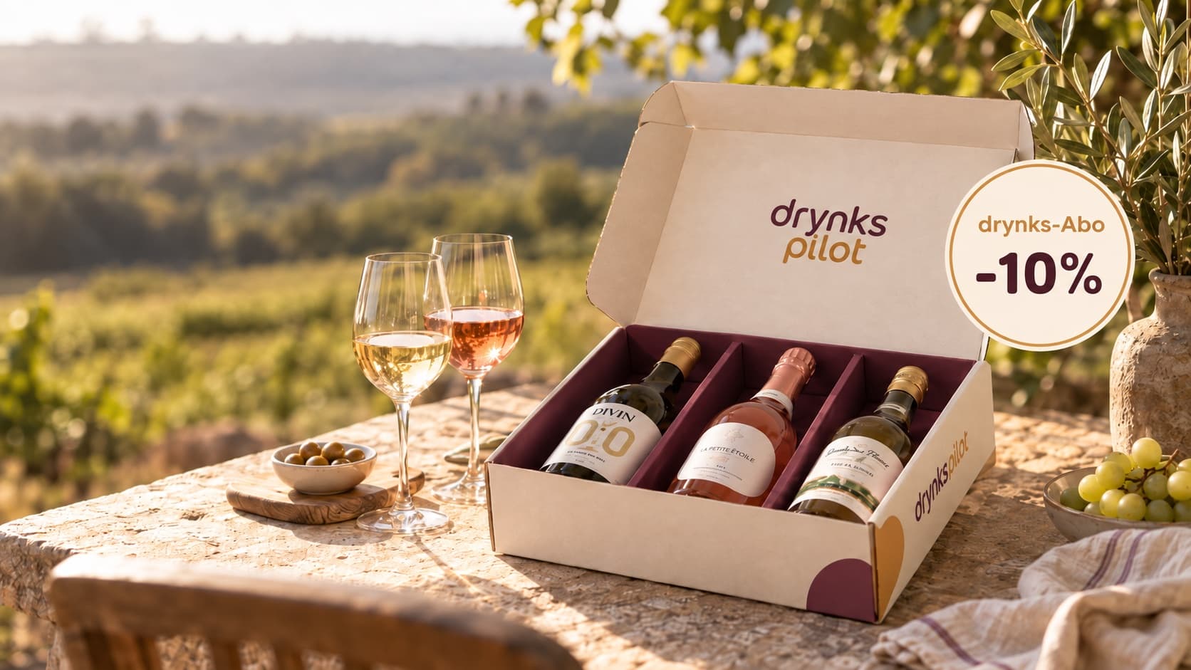 Offene drynkspilot Abo-Box mit drei Flaschen, Weingläsern und drynks-Abo -10% Badge