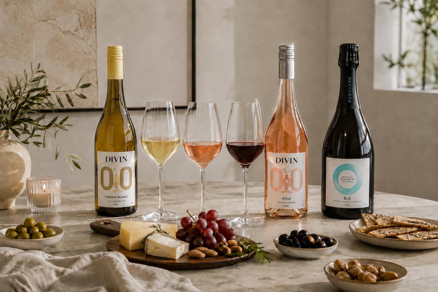 Bestseller-Tasting mit DIVIN Chenin Blanc, DIVIN Rosé und Copenhagen Sparkling Tea BLÅ, Gläsern und Snacks